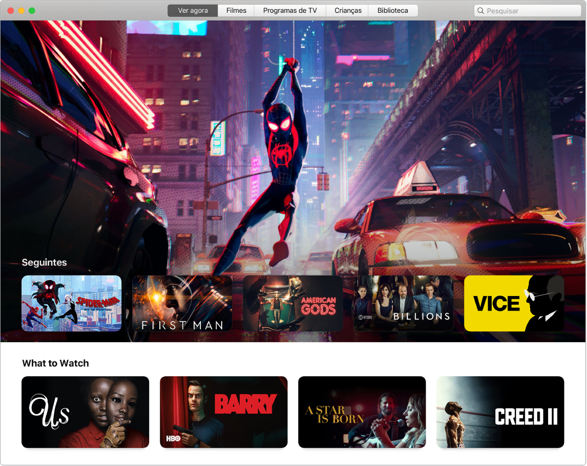 Uma janela da aplicação Apple TV a mostrar a vista Ver agora.