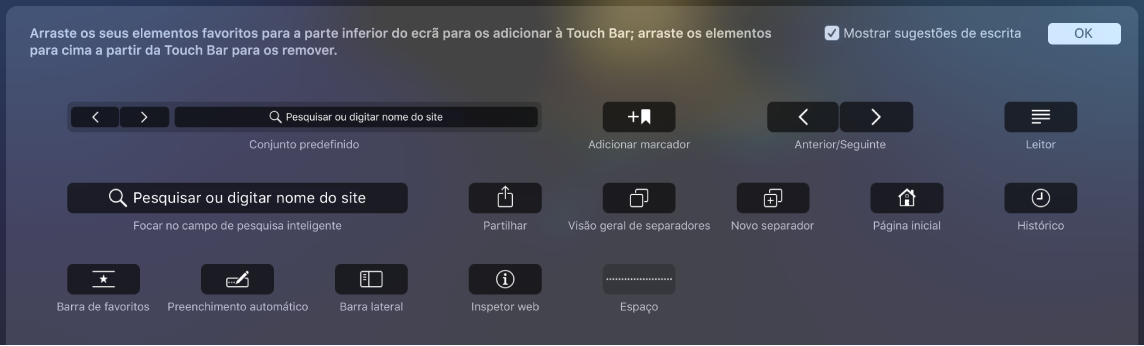 As opções de personalização do Safari, que podem ser arrastadas para a Touch Bar.