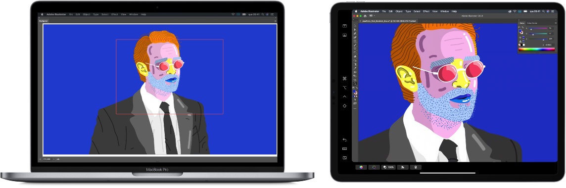 Um MacBook Pro e um iPad lado a lado. O MacBook Pro mostra uma imagem artística na janela do navegador do Illustrator. O iPad mostra a mesma imagem artística na janela do documento Illustrator, rodeada de barras de ferramentas.