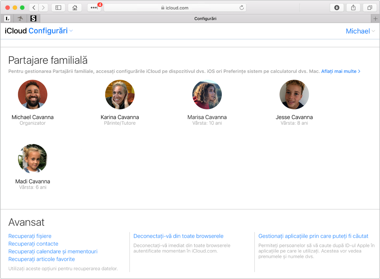 O fereastră Safari afișând configurările pentru Partajare familială pe iCloud.com.
