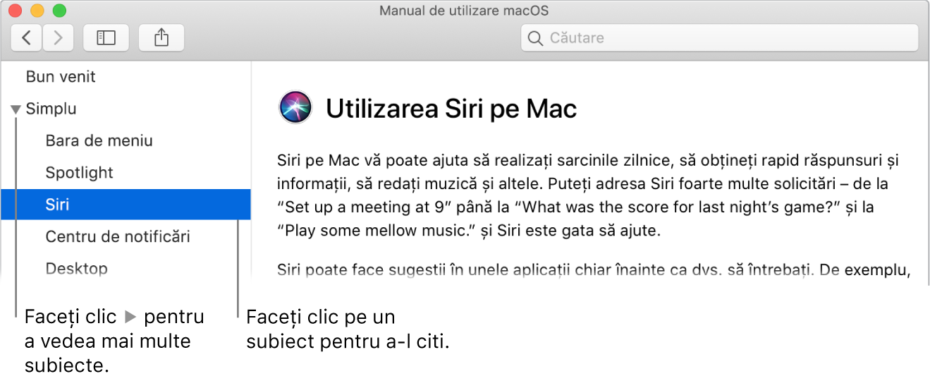 Vizualizator Ajutor afișând modul de vizualizare a subiectelor prezentate în bara laterală și modul de afișare a conținutului unui subiect.