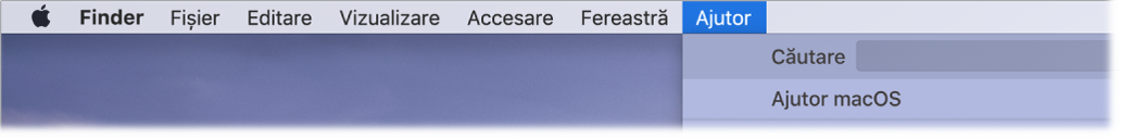 O parte din desktop cu meniul Ajutor deschis, afișând opțiunile de meniu Căutare și Ajutor macOS.