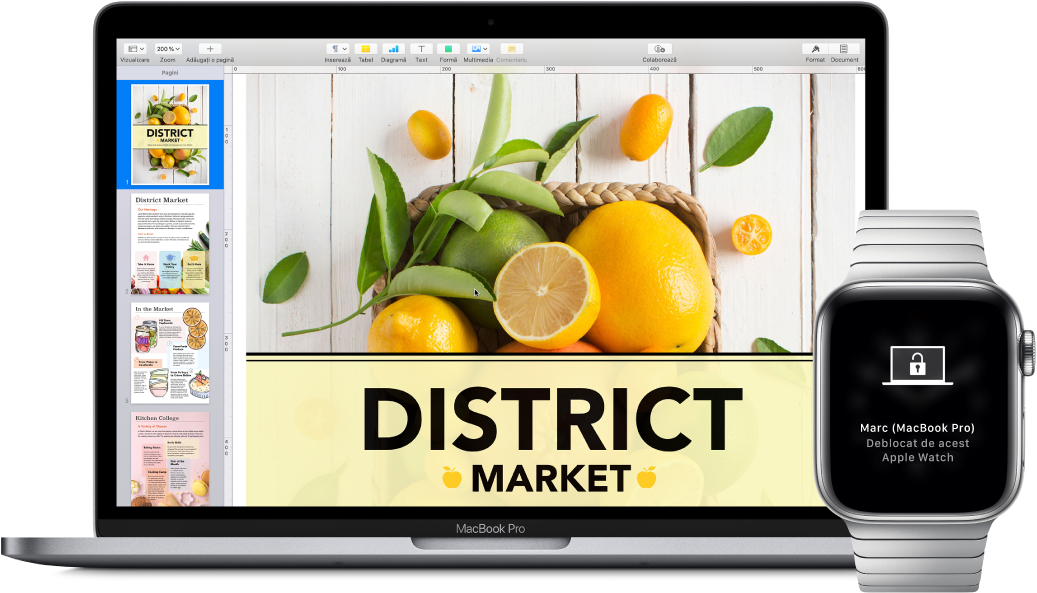 Un MacBook Pro lângă un Apple Watch, prezentând mesajul care anunță că Mac-ul a fost deblocat de ceas.