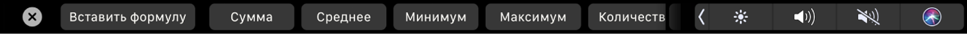 Панель Touch Bar для Numbers. Показаны кнопки формул. Доступны варианты «Сумма», «Среднее», «Минимум», «Максимум» и «Количество».