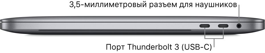 MacBook Pro, вид справа. Показаны два разъема Thunderbolt 3 (USB-C) и аудиоразъем для наушников 3,5 мм.