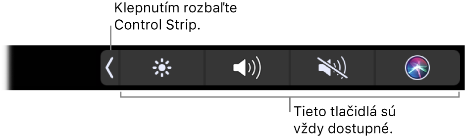 Časť obrazovky predvoleného Touch Baru so zobrazením zbaleného Control Stripu. Klepnutím na tlačidlo rozbalenia zobrazíte celý Control Strip.