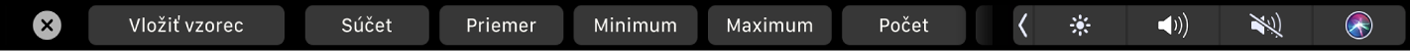 Touch Bar pre Numbers so zobrazenými tlačidlami na zadávanie vzorcov. Medzi tieto tlačidlá patria súčet, priemer, minimum, maximum a počet.