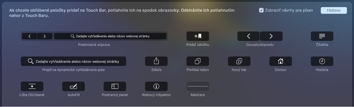 Možnosti prispôsobenia Safari, ktoré môžete potiahnuť na Touch Bar.