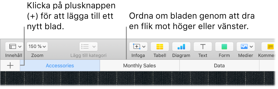 Ett Numbers-fönster som visar hur du lägger till ett nytt blad och hur du ändrar ordning på bladen.