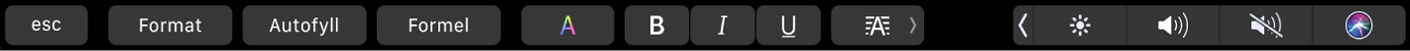 Numbers Touch Bar med knappar för format, autofyll och formel. Det finns även knappar för att formatera text – byta färg, göra text fet, kursiv eller understruken och justera text.