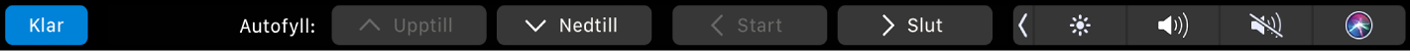 Numbers Touch Bar med knapparna för autofyll synliga. Bland annat finns knapparna för upptill, nedtill, början och slutet.