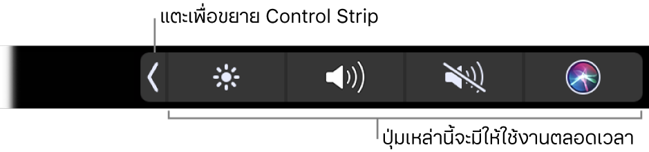 หน้าจอส่วนหนึ่งของ Touch Bar เริ่มต้น ที่แสดง Control Strip ที่ถูกย่อรวมกันไว้ แตะเพื่อปุ่มขยายเพื่อแสดง Control Strip แบบเต็ม