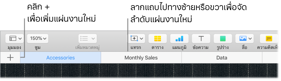 หน้าต่าง Numbers ที่แสดงวิธีเพิ่มแผ่นงานใหม่และวิธีเรียงลำดับแผ่นงานอีกครั้ง