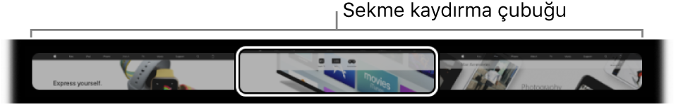 Safari Touch Bar’daki sekme kaydırma çubuğu. Her açık sekmenin kısa bir önizlemesini gösterir.