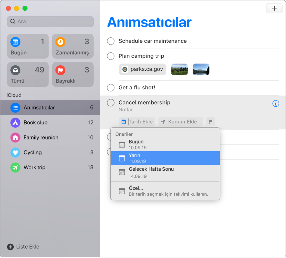 Anımsatıcı için düzenleme düğmelerinin görünür olduğu bir Anımsatıcılar penceresi. İmleç, Tarih Ekle’nin üzerinde olduğu için Bugün, Yarın, Bu Hafta Sonu ve Özel önerileriyle bir menü gösteriliyor.