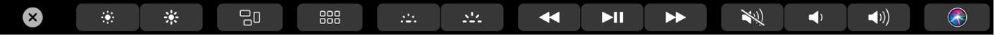 Панель Touch Bar із відкритою стрічкою Control Strip, на якій зображено кнопки для регулювання яскравості екрана, запуску Mission Control і Launchpad, регулювання підсвічування клавіатури, а також елементи керування медіавмістом, регулятор гучності та Siri.