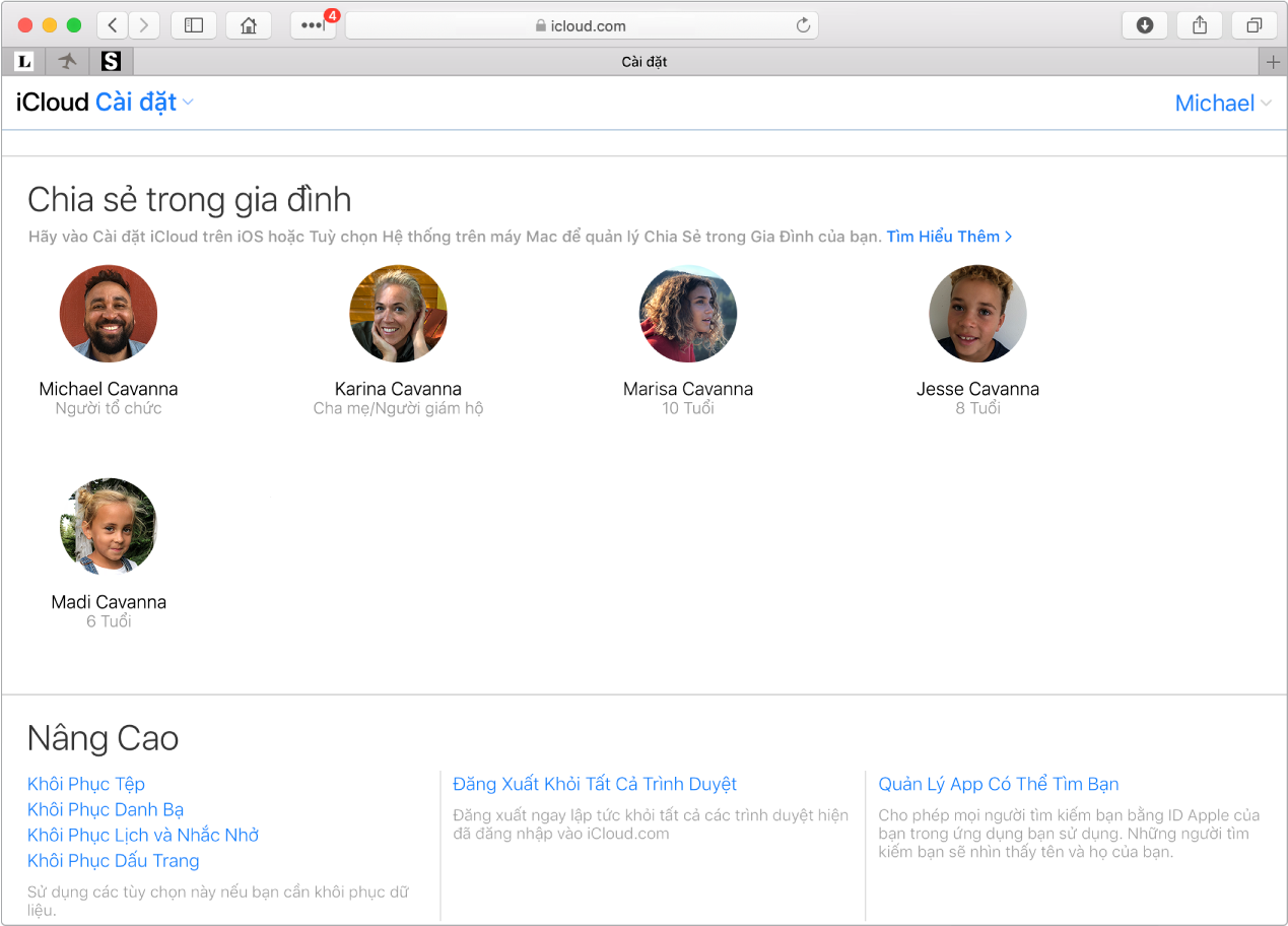 Một cửa sổ Safari đang hiển thị cài đặt Chia sẻ trong gia đình trên iCloud.com.