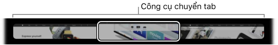 Công cụ chuyển tab trong Touch Bar Safari. Công cụ này hiển thị một bản xem trước nhỏ của mỗi tab được mở.