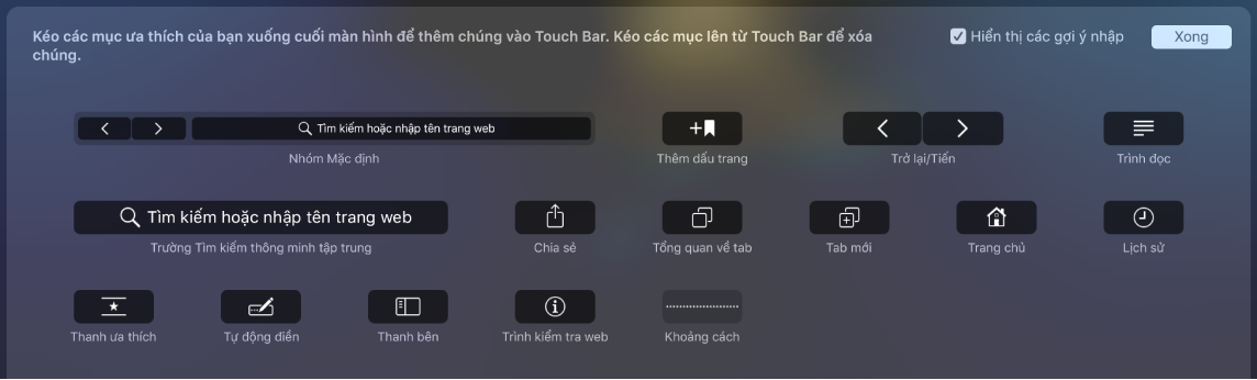 Tùy chọn Tùy chỉnh Safari có thể được kéo vào Touch Bar.