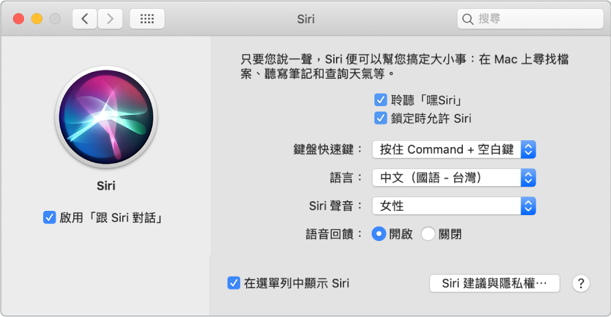 Siri 偏好設定視窗，左側已選擇「啟用跟 Siri 對話」；而右側則是自訂 Siri 的數個選項，包含「聆聽嘿 Siri」。