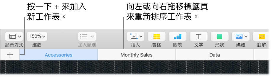 Numbers 視窗，顯示如何加入新工作表與如何重新排序工作表。