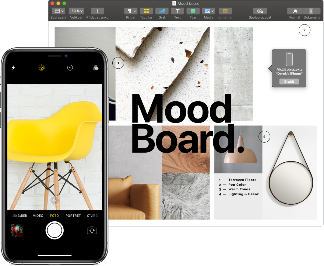 iPhone s fotkou a obrazovka Macu, na níž je vidět dokument Pages a v něm rámeček, do kterého bude fotka umístěna