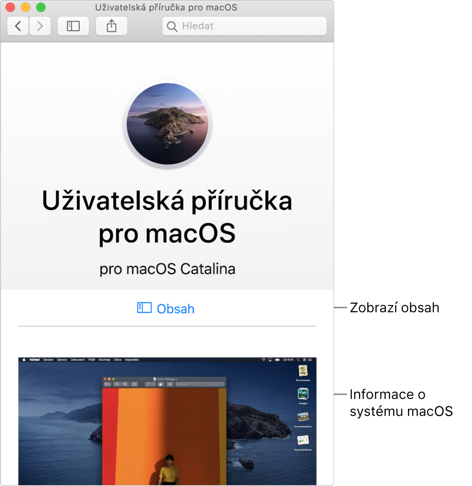 Úvodní stránka Uživatelské příručky pro macOS s odkazem na obsah