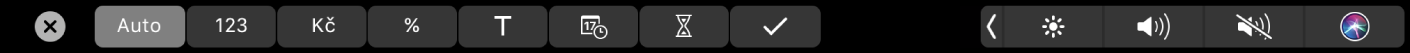 Touch Bar v Numbers s tlačítky formátu (měna, procenta, čísla, text, datum, doba trvání a seznam úkolů)