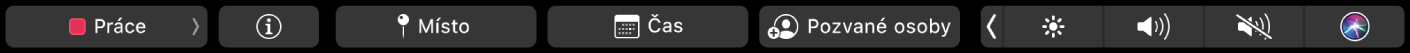Touch Bar v Kalendáři s tlačítky pro výběr kalendáře, pro zobrazení podrobností o události, pro úpravu místa a času a pro přidání pozvaných osob