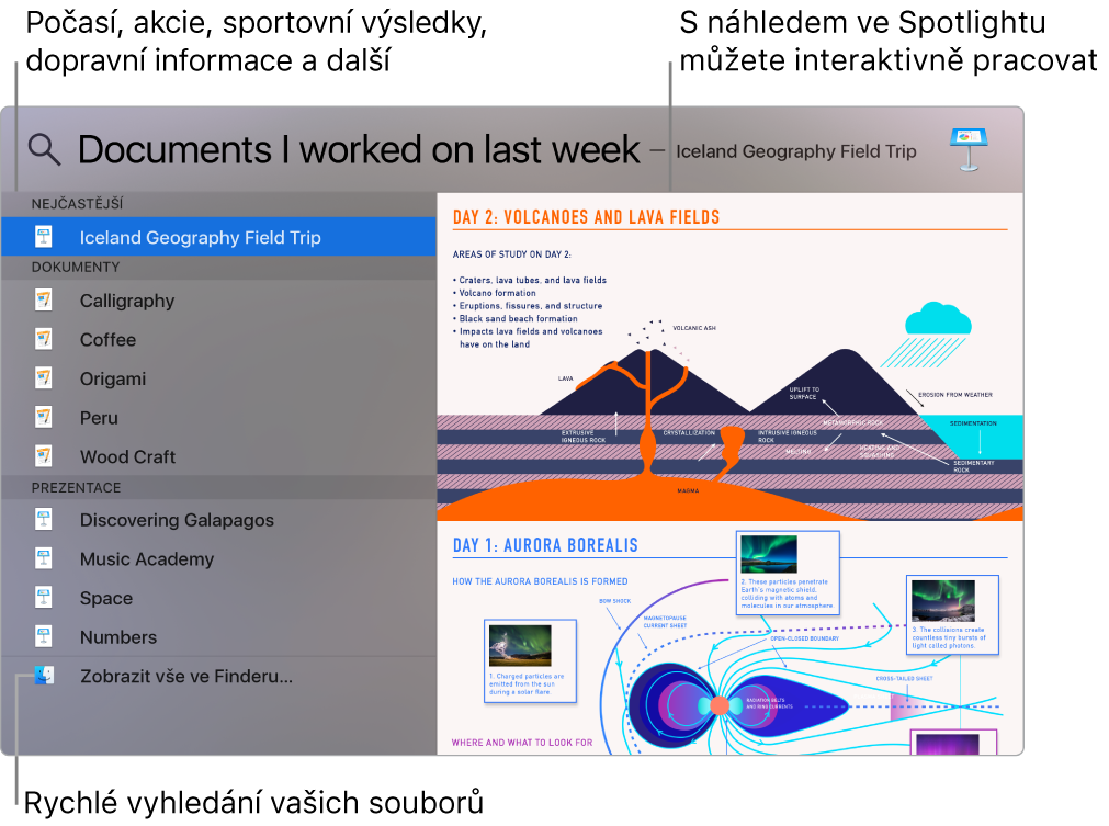 Okno Spotlightu s výsledky hledání v levé a náhledem v pravé části