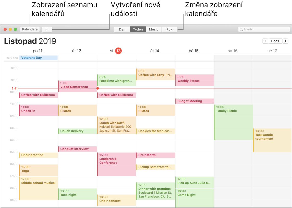 Okno aplikace Kalendář s popisky ukazujícími, kde můžete přidat událost, zobrazit seznam kalendářů nebo vybrat zobrazení Den, Týden, Měsíc či Rok