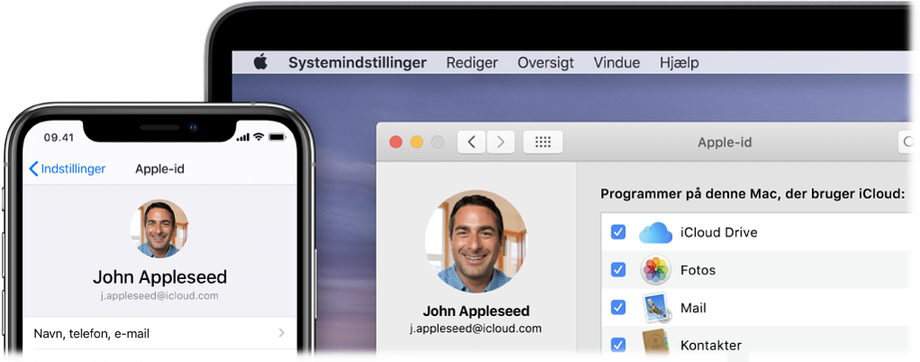 En iPhone viser iCloud-indstillinger og en Mac-skærm viser iCloud-vinduet.