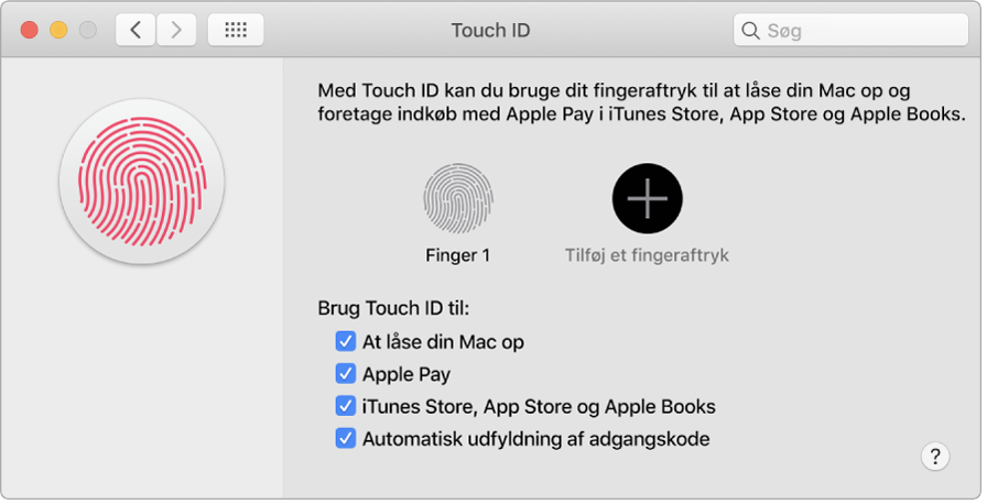 Vinduet til Touch ID-indstillinger med indstillinger til tilføjelse af fingeraftryk og brug af Touch ID til at låse din Mac op, brug af Apple Pay og køb i iTunes Store, App Store og boghandlen.