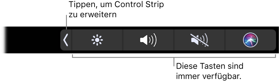 Ein Bildschirmausschnitt mit der Standard-Touch Bar mit ausgeblendetem Control Strip. Tippe auf die Tasten zum Erweitern, um den vollständigen Control Strip anzuzeigen.