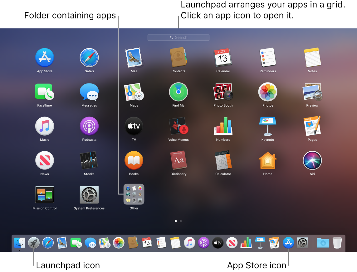 A Mac screen with Launchpad open, showing a folder of apps in Launchpad, and the Launchpad icon and Mac App Store icons in the Dock.