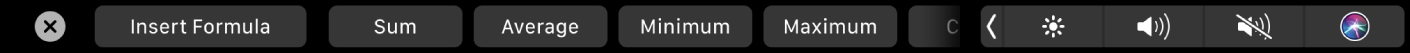 The Numbers Touch Bar displaying the Formula buttons. These include sum, average, minimum, maximum, and count.