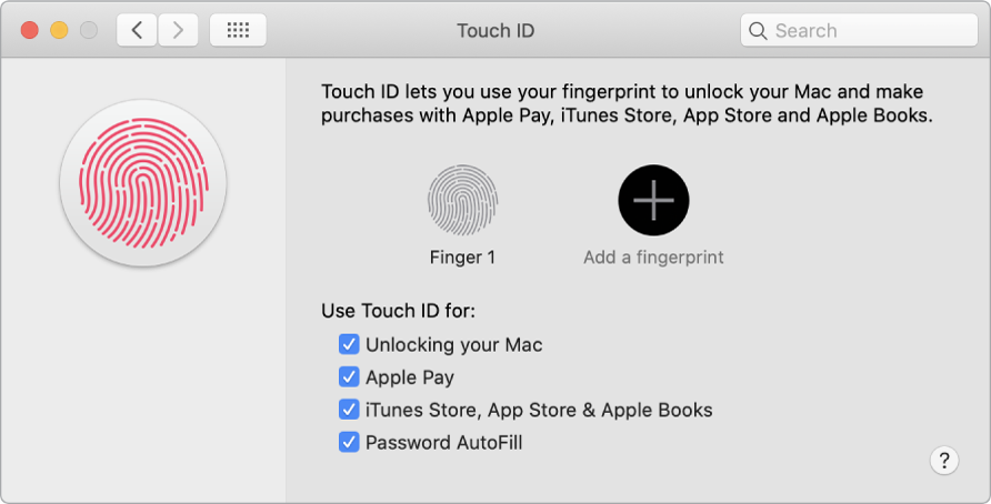 The Touch ID preferences window with options for adding a fingerprint and using Touch ID to unlock your Mac, use Apple Pay, and buy from the iTunes Store, App Store, and Book Store.