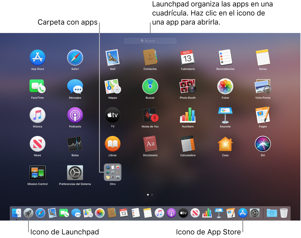 Una pantalla de Mac con Launchpad abierto, donde se muestra una carpeta de apps en Launchpad y los iconos de Launchpad y de Mac App Store en el Dock.