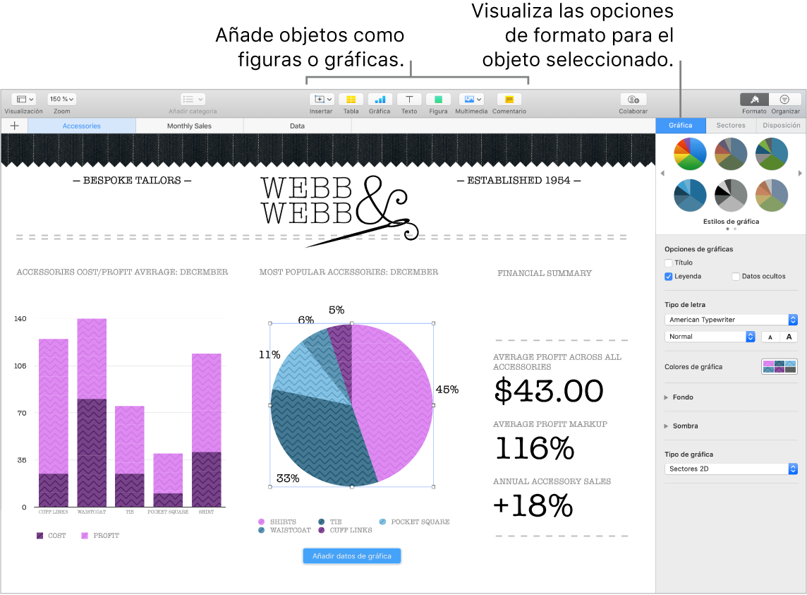 Una ventana de Numbers con indicaciones sobre las categorías de objetos que se pueden añadir y a las opciones de formato de los objetos.