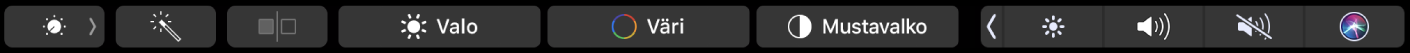 Touch Bar, jossa näkyvät kuvien muokkauspainikkeet – rajaus, suodattimet, säätö ja retusointi – sekä painike lisävalintoihin siirtymiselle.
