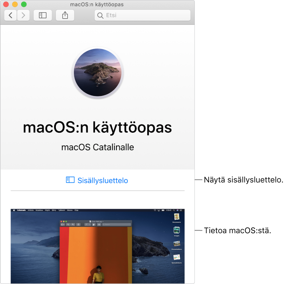 macOS:n käyttöoppaan tervetuloa-sivu, jossa näkyy Sisällysluettelo-linkki.