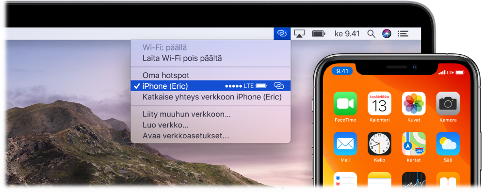 Macin näyttö, jonka Wi-Fi-valikossa näkyy Oma hotspot iPhonessa.