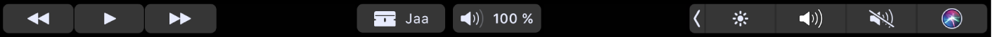 iMovien Touch Bar, kun leikettä toistetaan. Siinä on painikkeet taaksepäinkelaukselle, toistolle, kelaukselle eteenpäin, puolittamiselle ja äänenvoimakkuuden säädölle.