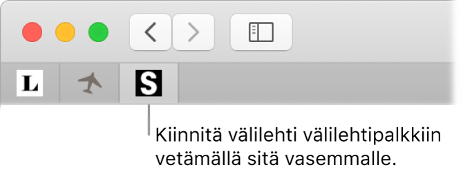 Safari-ikkuna, jossa näytetään, miten välilehti kiinnitetään välilehtipalkkiin.