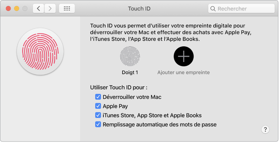 Fenêtre des préférences Touch ID avec des options permettant d’ajouter une empreinte et d’utiliser Touch ID pour déverrouiller un Mac, d’utiliser Apple Pay et d’effectuer des achats dans l’iTunes Store, l’App Store et Librairie.