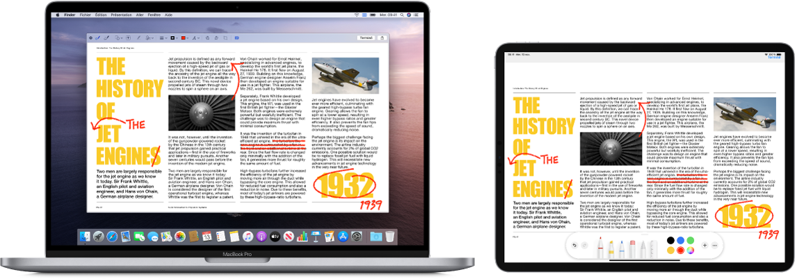 Un MacBook Pro et un iPad côte à côte. Les deux écrans affichent un article couvert de modifications griffonnées en rouge, telles que des phrases barrées, des flèches et des mots ajoutés. L’iPad montre également des commandes d’annotation au bas de l’écran.