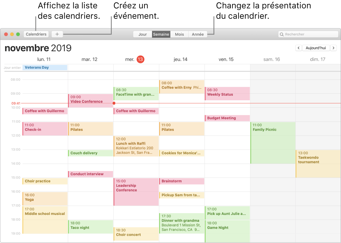 Une fenêtre de Calendrier indiquant comment créer un événement, obtenir la liste des événements et choisir une présentation par jour, par semaine, par mois ou par année.