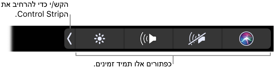 מסך חלקי של ה‑Touch Bar שמהווה ברירת-מחדל, המציג את ה‑Control Strip בפריסה מכווצת. הקש/י על כפתור ההרחבה כדי להציג את ה‑Control Strip בפריסה המלאה.