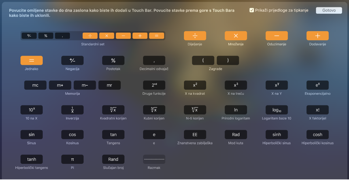 U Touch Baru za Kalkulator stavke možete prilagoditi povlačeći ih u Touch Bar.