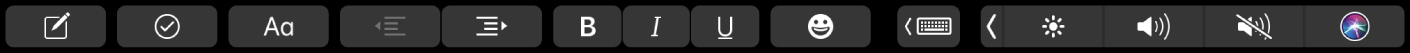 Touch Bar Catatan dengan tombol pemformatan teks. Kontrol pemformatan meliputi rata kiri dan kanan, tebal, miring, dan garis bawah. Juga terdapat tombol untuk menampilkan saran pengetikan.